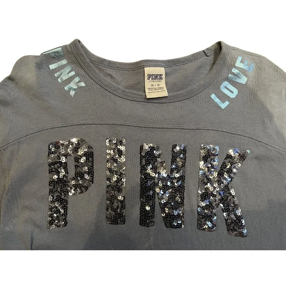 Victorias Secret Pink Love Sequin Logo Gray 3/4 Sleeve Tee XS 100% Cotton - Picture 3 of 7